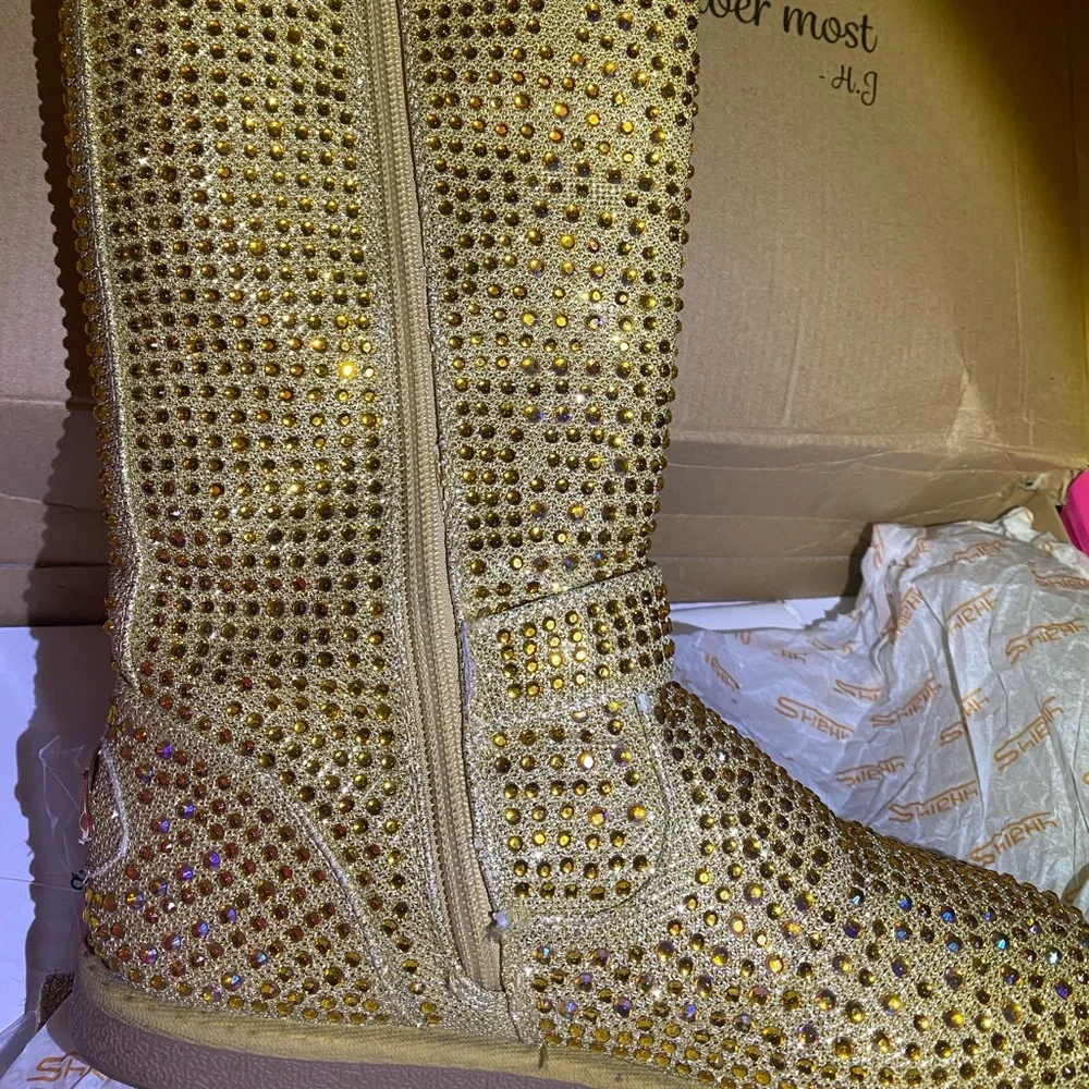 Gold Glitter Rhinestone Boots - Picture 5 of 7